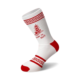 white crew socks with geometric red and white pattern, red heel and toe and pagoda graphic front and center with text "thank you, enjoy!"  