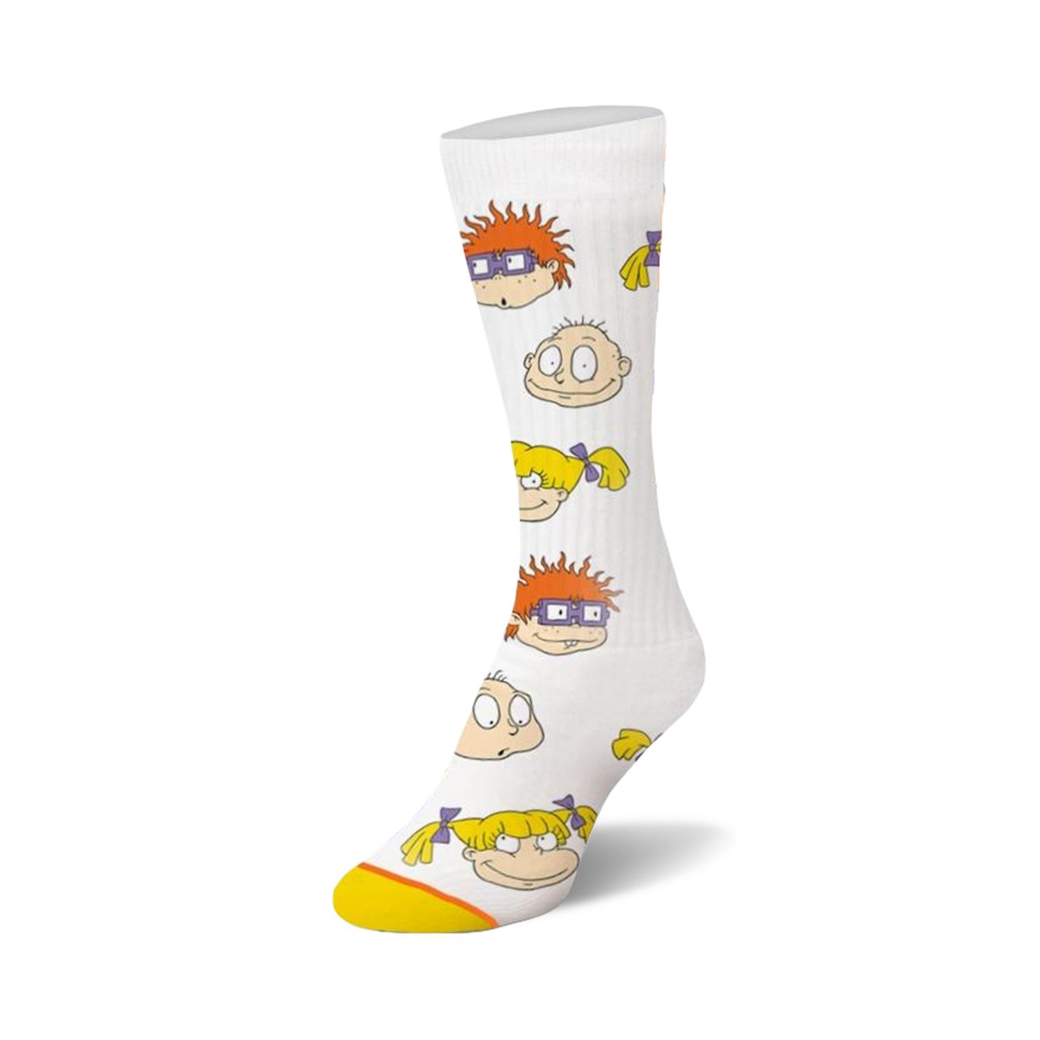 White crew socks with a repeating pattern of Rugrats characters' faces: Tommy, Chuckie, Angelica, and Phil. Orange accents on the toe.