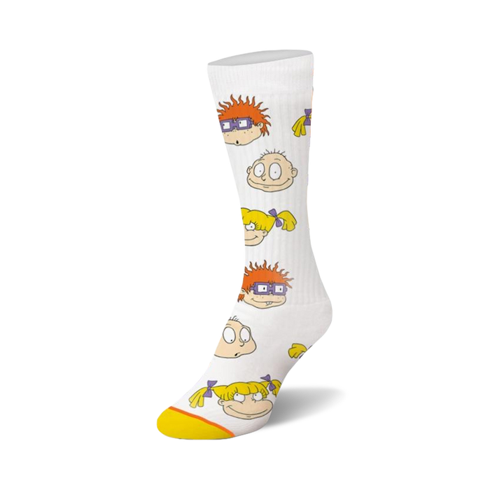 white, crew-length womens rugrats squad socks featuring tommy, chuckie, angelica, etc. </n></n>   }}