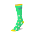 Green crew sock with yellow cuff, heel, and toe. Features "FUCK OFF" text in purple and a pattern of white daisies.