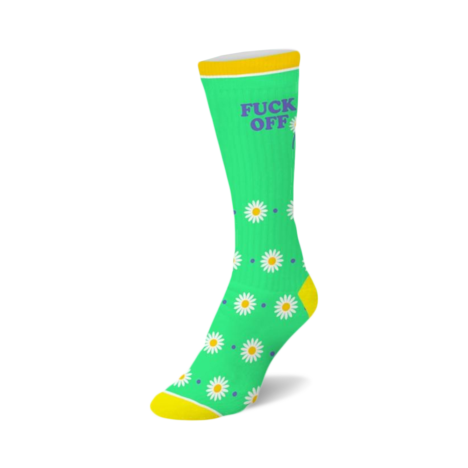 Green crew sock with yellow cuff, heel, and toe. Features "FUCK OFF" text in purple and a pattern of white daisies.
