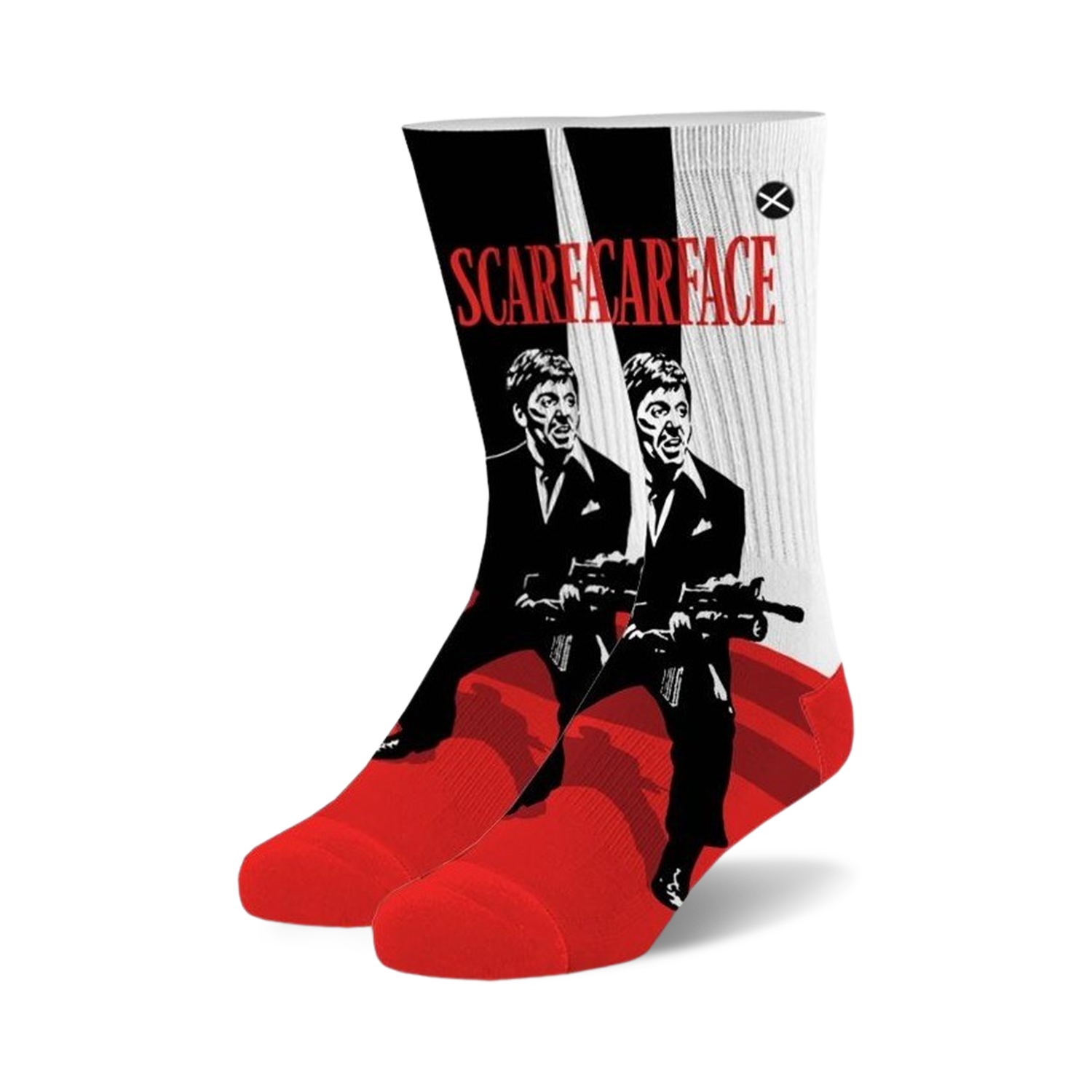 A pair of crew socks with a Scarface design.  The socks are predominantly red and white with black and white illustrations of Tony Montana holding a gun.