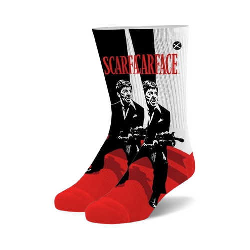 A pair of crew socks with a Scarface design.  The socks are predominantly red and white with black and white illustrations of Tony Montana holding a gun.