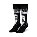 Pair of black crew socks featuring a grayscale portrait of Marlon Brando as Don Vito Corleone from The Godfather, along with the film title and a small red rose.
