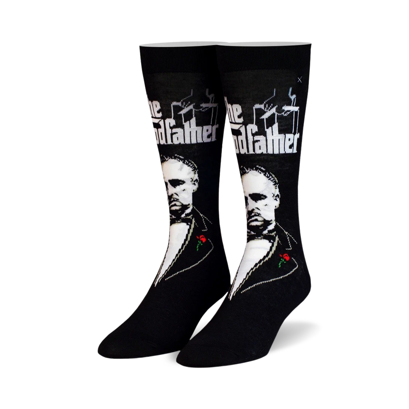 Pair of black crew socks featuring a grayscale portrait of Marlon Brando as Don Vito Corleone from The Godfather, along with the film title and a small red rose.