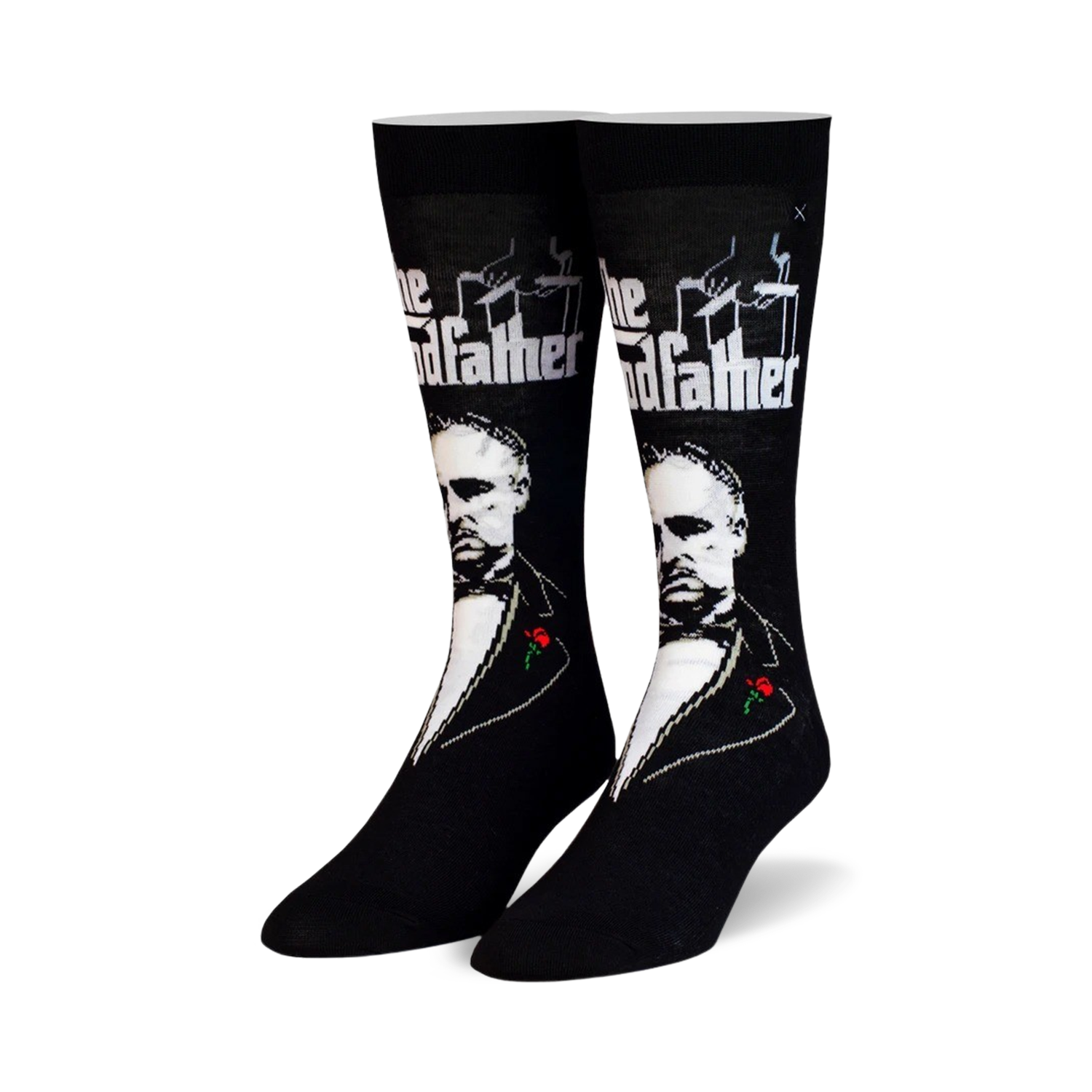 Pair of black crew socks featuring a grayscale portrait of Marlon Brando as Don Vito Corleone from The Godfather, along with the film title and a small red rose.