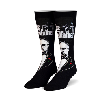 the godfather crew socks: black socks with repeating pattern of marlon brando as don corleone from the godfather. men and women.   