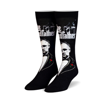 the godfather crew socks: black socks with repeating pattern of marlon brando as don corleone from the godfather. men and women.   