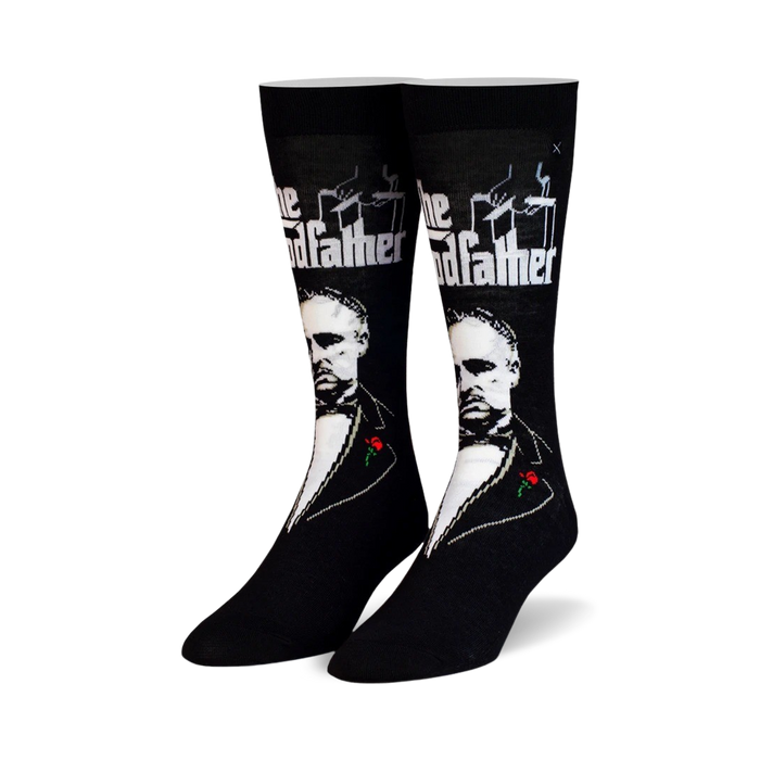 the godfather crew socks: black socks with repeating pattern of marlon brando as don corleone from the godfather. men and women.    }}