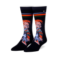 Pair of black crew socks with a colorful stripe detail at the top and a graphic of Chucky from Child's Play. 