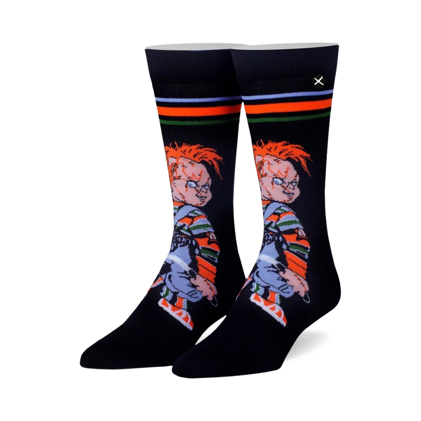 Pair of black crew socks with a colorful stripe detail at the top and a graphic of Chucky from Child's Play. 