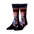 Pair of black crew socks with a colorful stripe detail at the top and a graphic of Chucky from Child's Play. 
