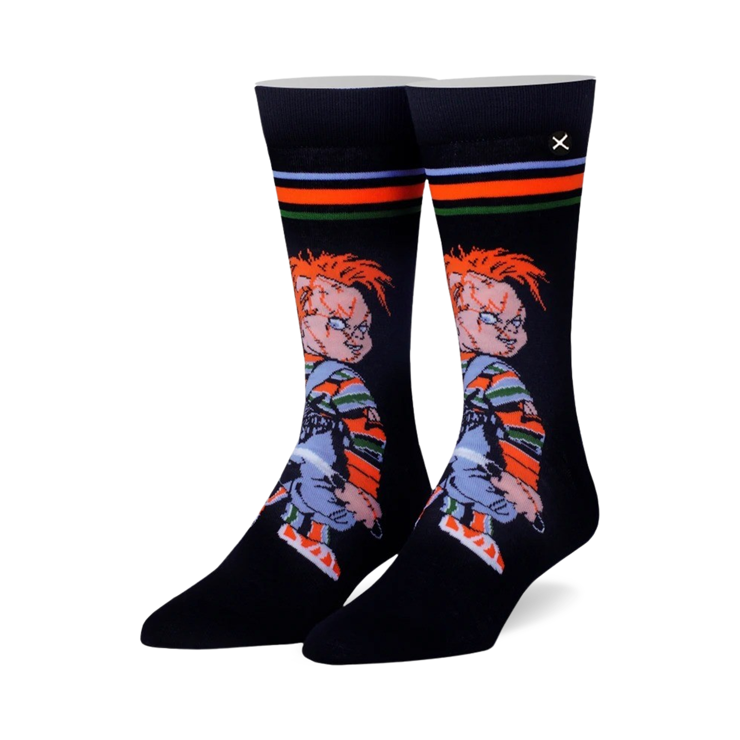 Pair of black crew socks with a colorful stripe detail at the top and a graphic of Chucky from Child's Play. 