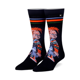 black crew socks showcasing chucky, the notorious horror character, in his blood-chilling glory.   