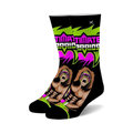 A pair of black crew socks with a vibrant design.  The socks feature Ultimate Warrior graphics in neon green, pink, and brown.