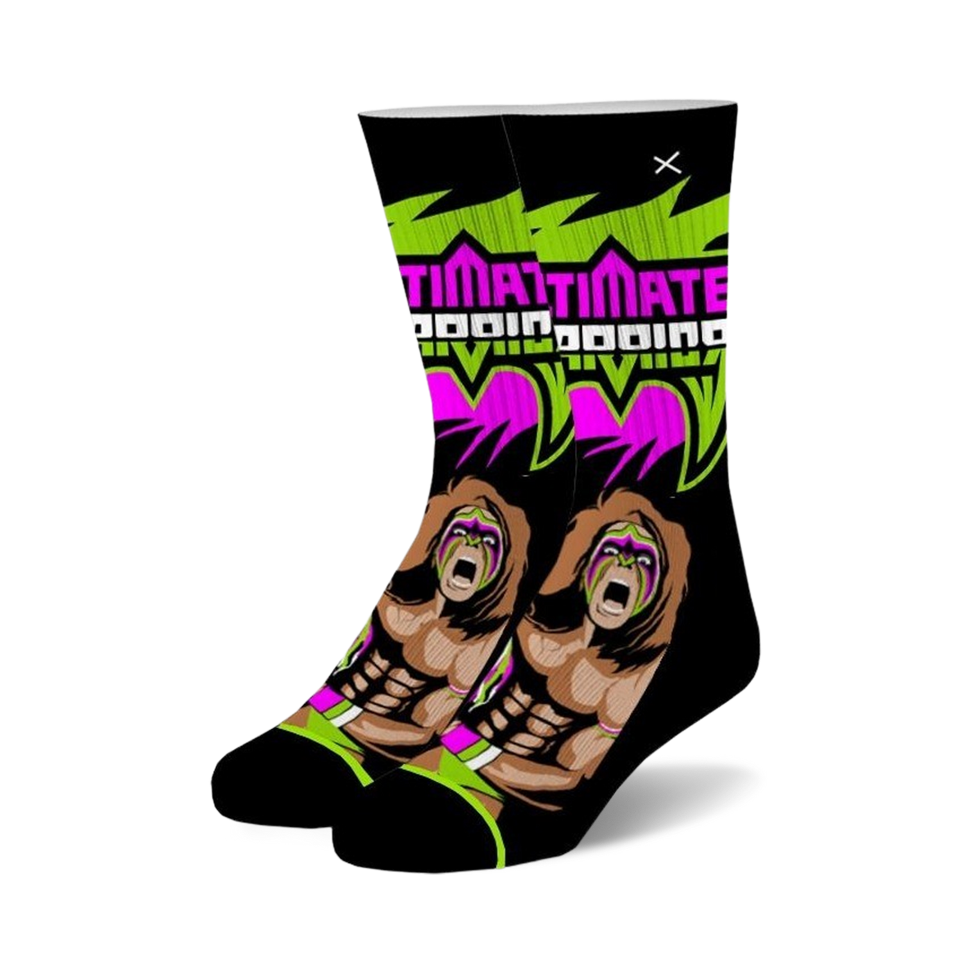 A pair of black crew socks with a vibrant design.  The socks feature Ultimate Warrior graphics in neon green, pink, and brown.
