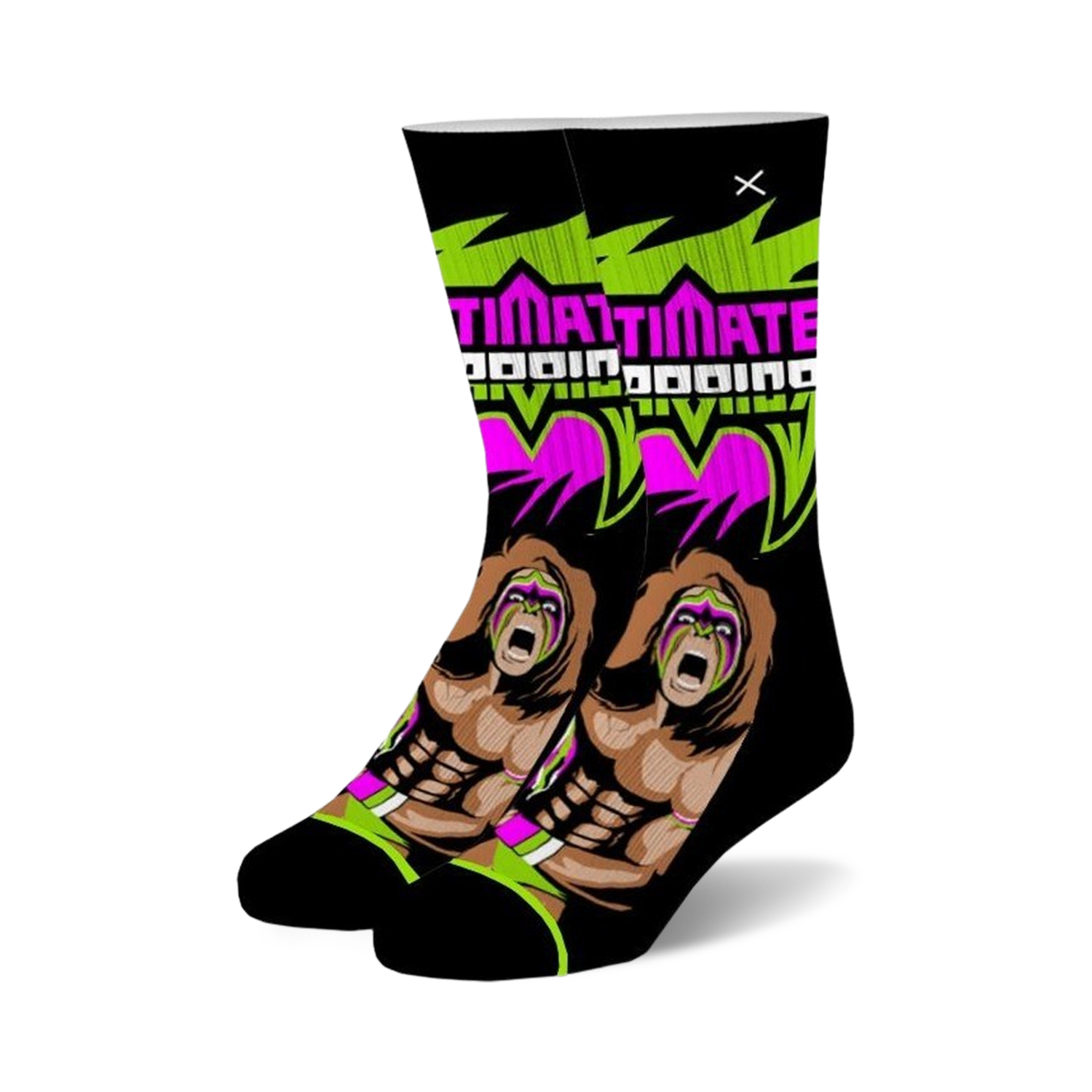A pair of black crew socks with a vibrant design.  The socks feature Ultimate Warrior graphics in neon green, pink, and brown.