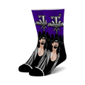 Pair of black and purple crew socks featuring The Undertaker's portrait and logo.  A must-have for wrestling fans!
