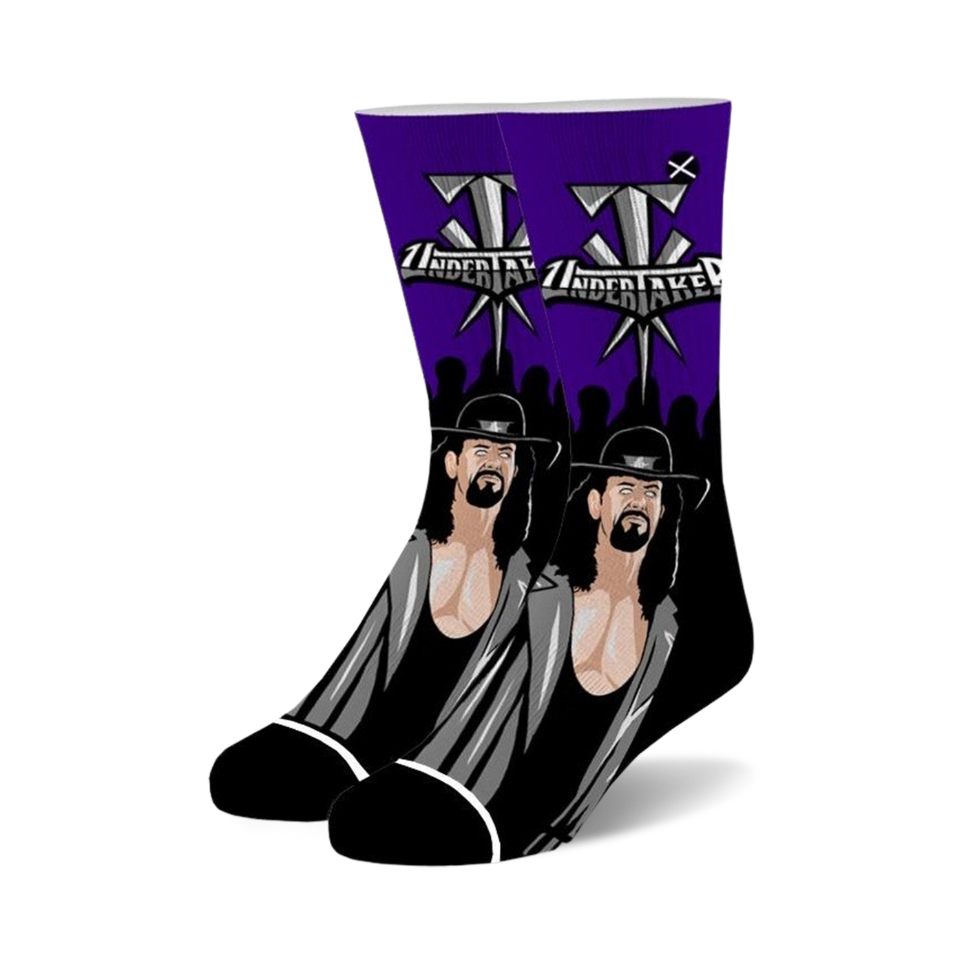 Pair of black and purple crew socks featuring The Undertaker's portrait and logo.  A must-have for wrestling fans!