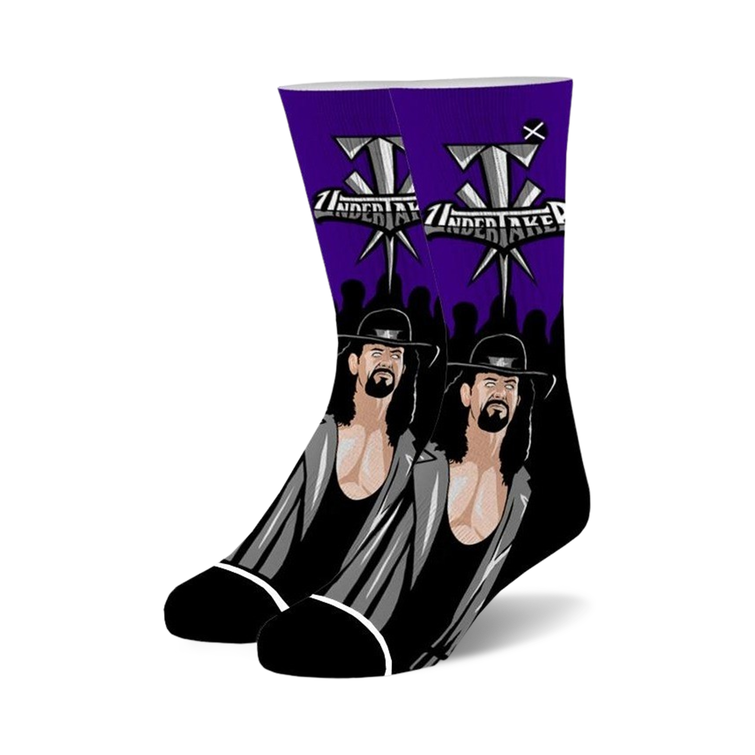 Pair of black and purple crew socks featuring The Undertaker's portrait and logo.  A must-have for wrestling fans!