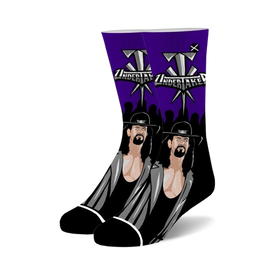purple and black undertaker themed wrestling crew socks with flame design.   