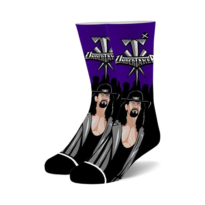 purple and black undertaker themed wrestling crew socks with flame design.    }}