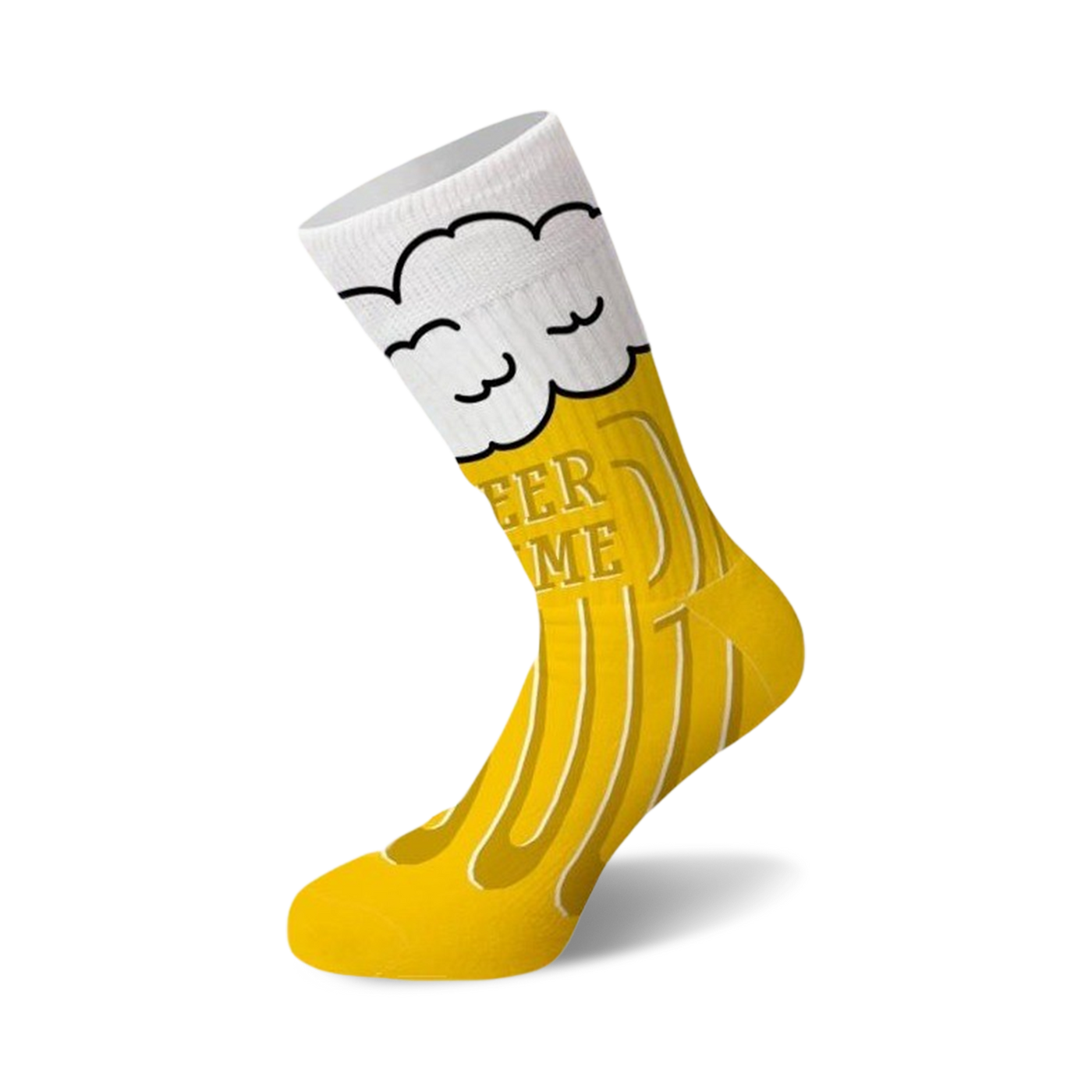Crew socks with a beer mug design. The socks are primarily yellow with white foam and 'Beer Me' text.