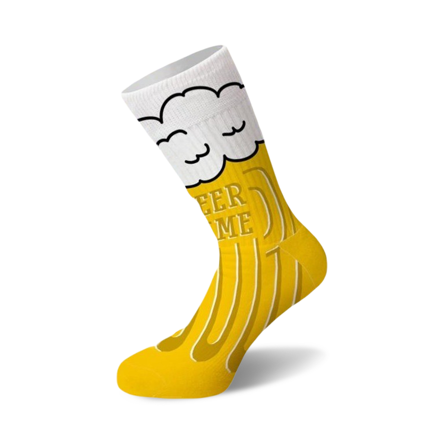 Crew socks with a beer mug design. The socks are primarily yellow with white foam and 'Beer Me' text.