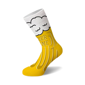 yellow crew socks with white toe and heel. "beer me" written in black in the middle of the sock. fun black lines adorn sock. beer themed novelty socks for men and women.  