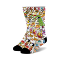Crew socks with a white background featuring a colorful collage of 90s Nickelodeon cartoon characters like Ren & Stimpy, Rugrats, and more.