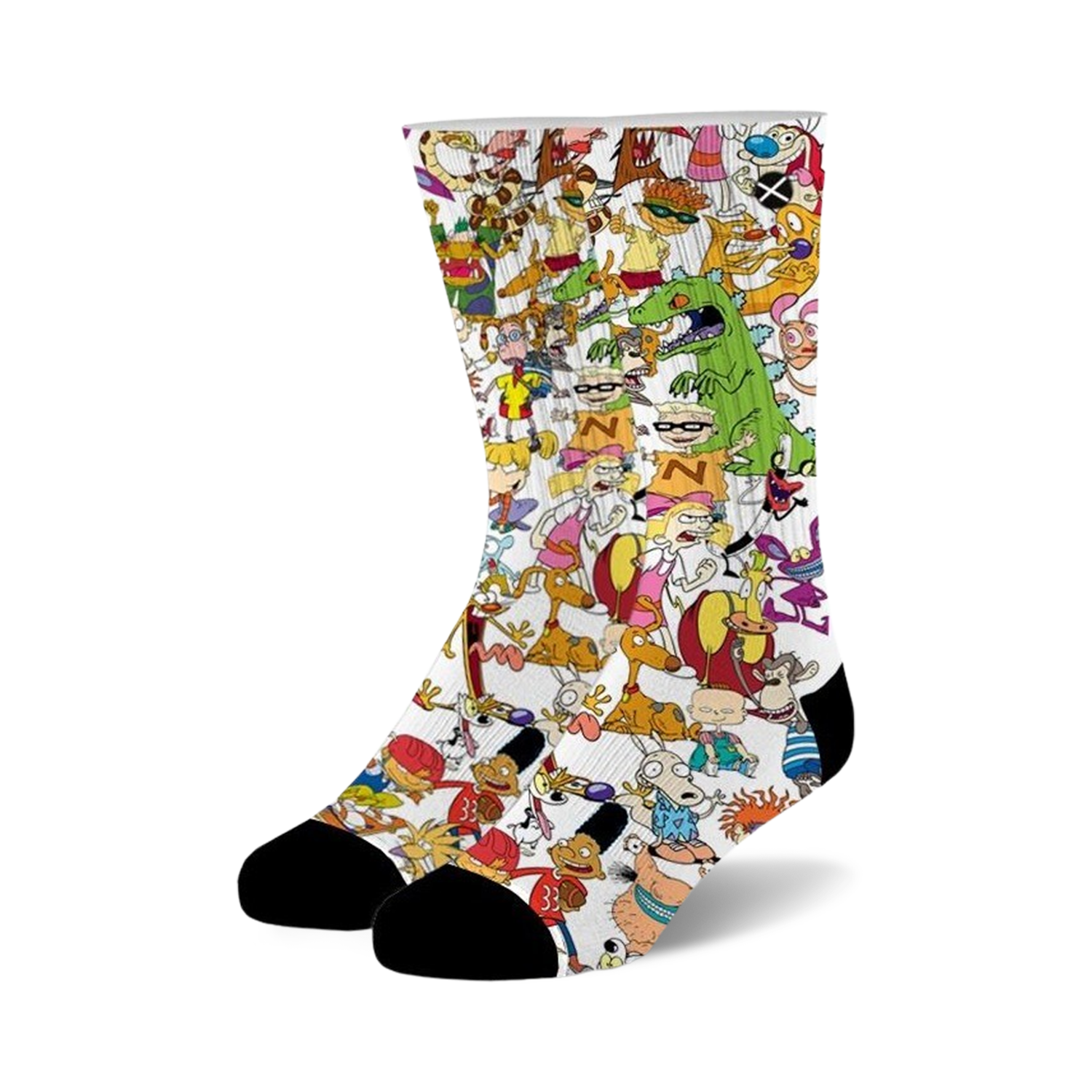 Crew socks with a white background featuring a colorful collage of 90s Nickelodeon cartoon characters like Ren & Stimpy, Rugrats, and more.