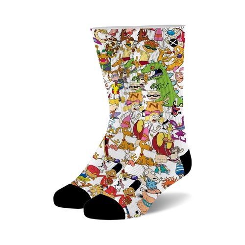 Crew socks with a white background featuring a colorful collage of 90s Nickelodeon cartoon characters like Ren & Stimpy, Rugrats, and more.