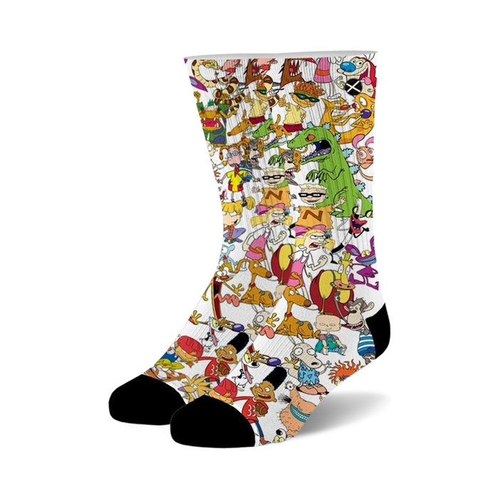 white crew socks with colorful cartoon characters from the 1990s, available for men and women.    }}