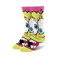 Crew socks featuring a freaky Spongebob design. Yellow and pink are the main colors; Spongebob's face has bulging eyes and a wide grin.