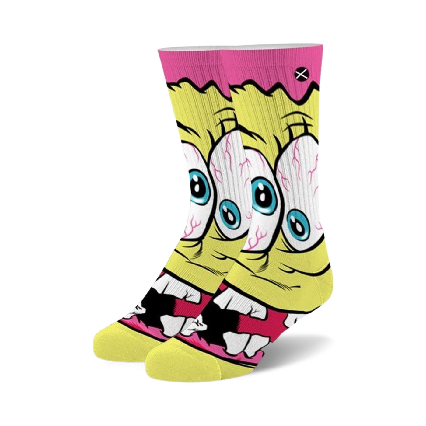 Crew socks featuring a freaky Spongebob design. Yellow and pink are the main colors; Spongebob's face has bulging eyes and a wide grin.