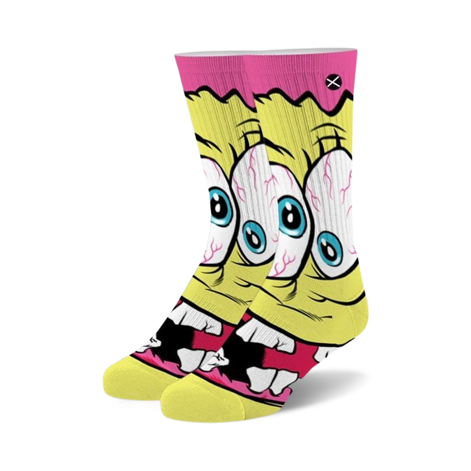 Crew socks featuring a freaky Spongebob design. Yellow and pink are the main colors; Spongebob's face has bulging eyes and a wide grin.