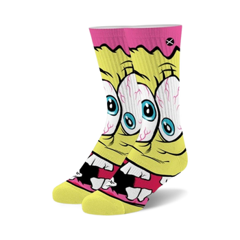 spongebob squarepants grossbob face pattern crew socks in yellow with pink top and black sole. for men and women.   