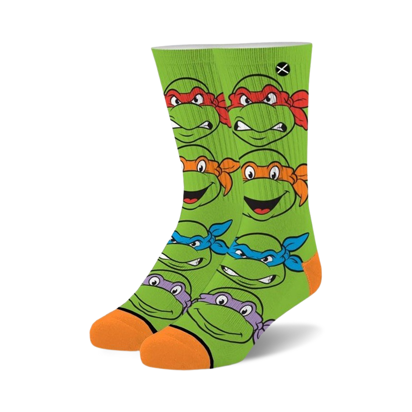 Teenage Mutant Ninja Turtles crew socks. Green background with orange and different colored masks.  Features all four turtle's faces.
