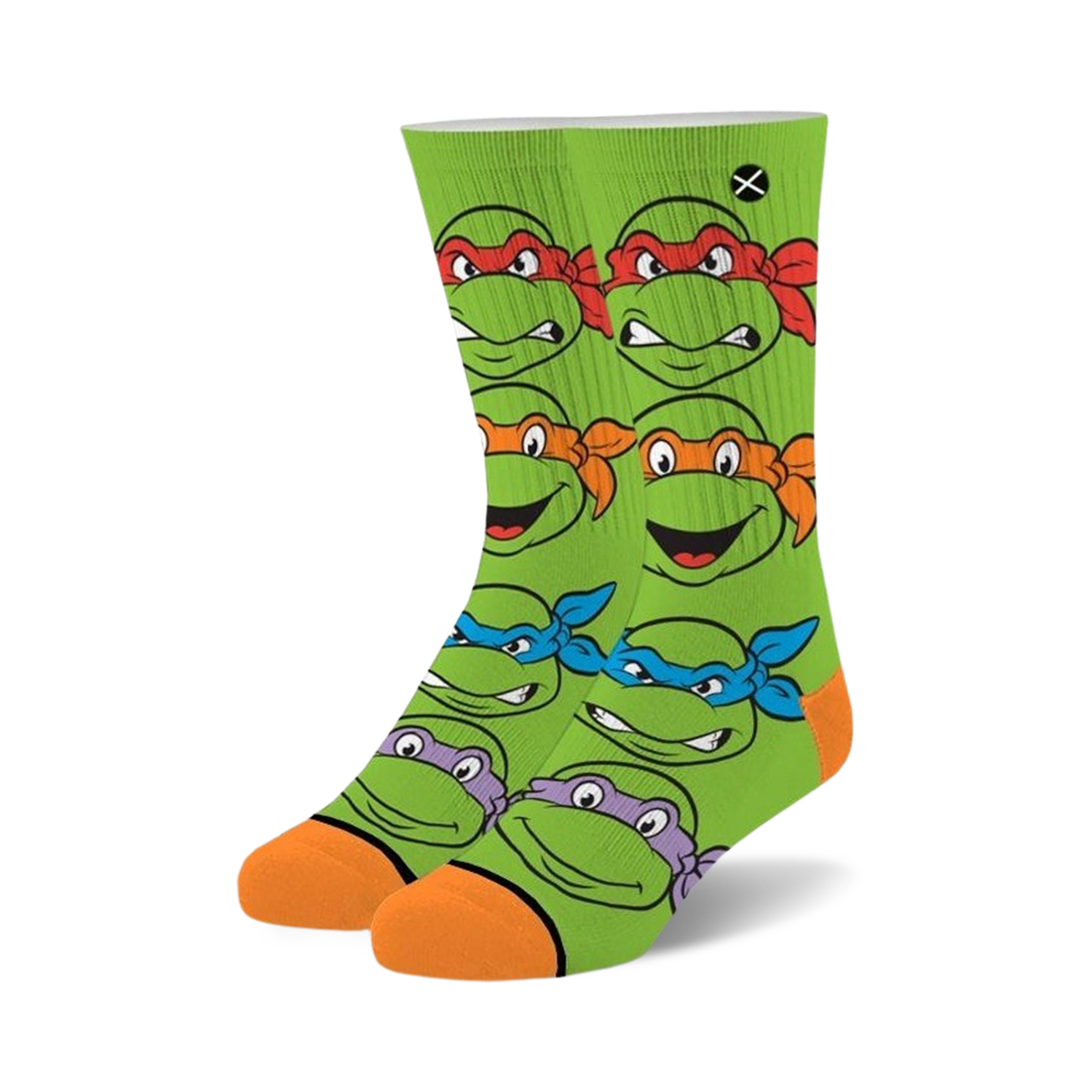 Teenage Mutant Ninja Turtles crew socks. Green background with orange and different colored masks.  Features all four turtle's faces.
