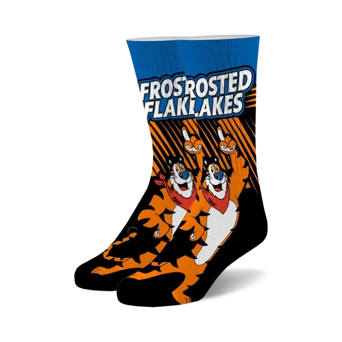 A pair of crew socks showcasing Tony the Tiger from Frosted Flakes cereal. The socks are mainly black with orange tiger stripes and blue accents.