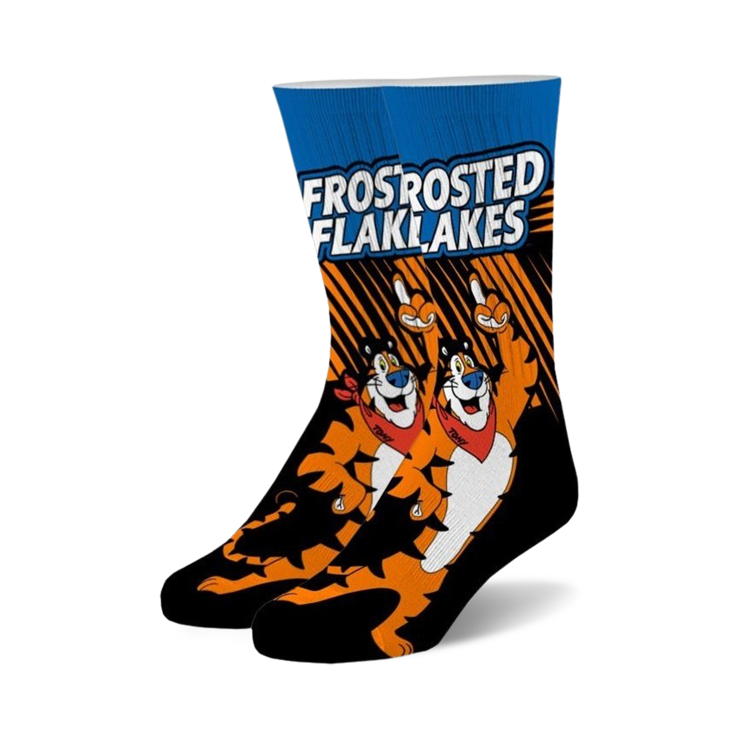 A pair of crew socks showcasing Tony the Tiger from Frosted Flakes cereal. The socks are mainly black with orange tiger stripes and blue accents.