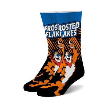 crew length frosted flakes socks feature tony the tiger mascot in a black and white striped pattern for men and women.   