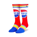 Pair of red, white, and blue crew socks with a retro Pepsi logo. Yellow and blue stripes at the top and bottom.