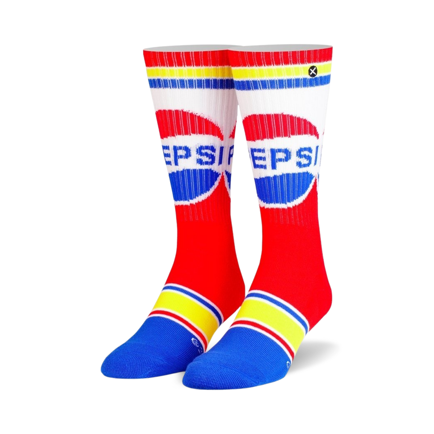 Pair of red, white, and blue crew socks with a retro Pepsi logo. Yellow and blue stripes at the top and bottom.