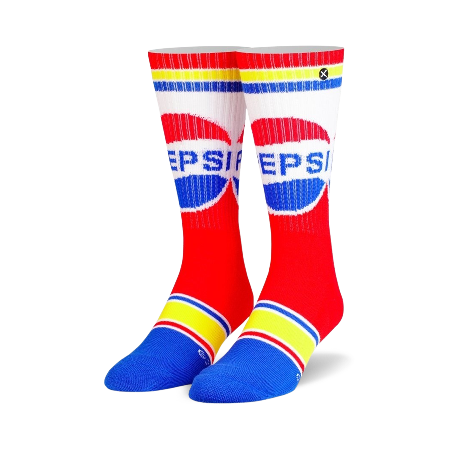 Pair of red, white, and blue crew socks with a retro Pepsi logo. Yellow and blue stripes at the top and bottom.