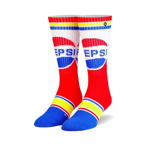 Pair of red, white, and blue crew socks with a retro Pepsi logo. Yellow and blue stripes at the top and bottom.