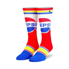 retro red, white, and blue pepsi logo crew socks for men and women.   