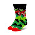 Pair of crew socks in black, green, and red.  The socks feature a Mountain Dew logo and a camouflage pattern.