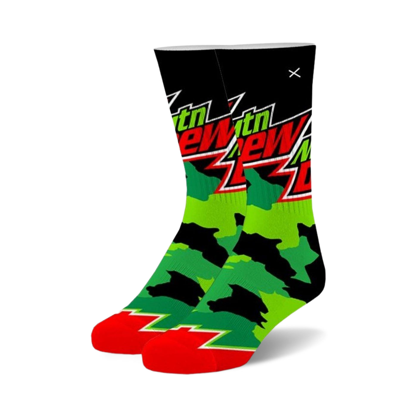 Pair of crew socks in black, green, and red.  The socks feature a Mountain Dew logo and a camouflage pattern.