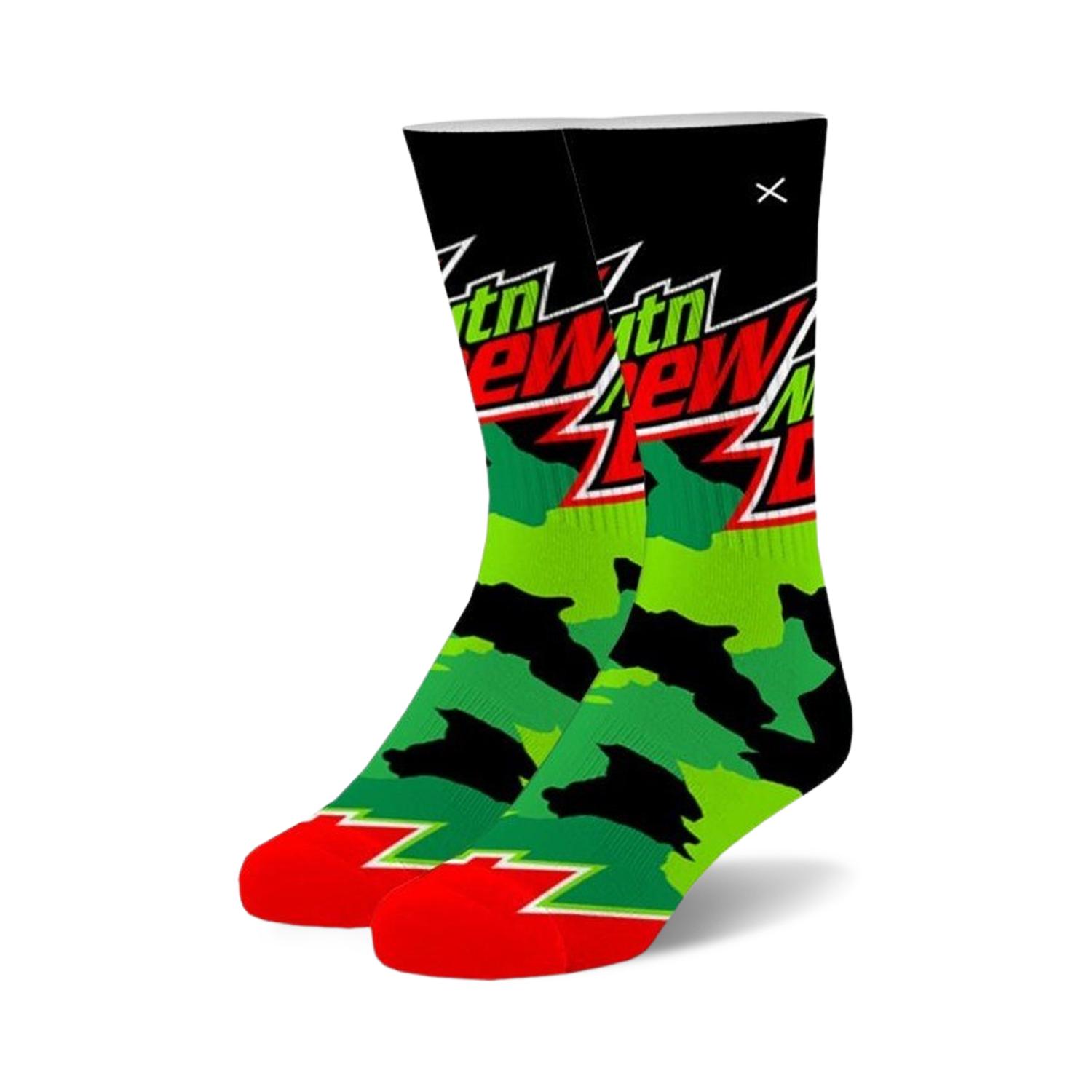 Pair of crew socks in black, green, and red.  The socks feature a Mountain Dew logo and a camouflage pattern.